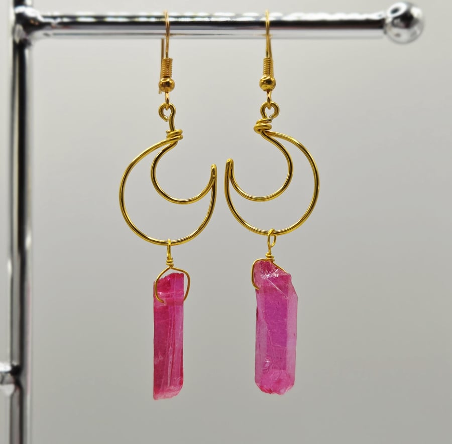 Pink Aura Quartz Crescent Moon Earrings, Gold Dangle Earrings, Celestial