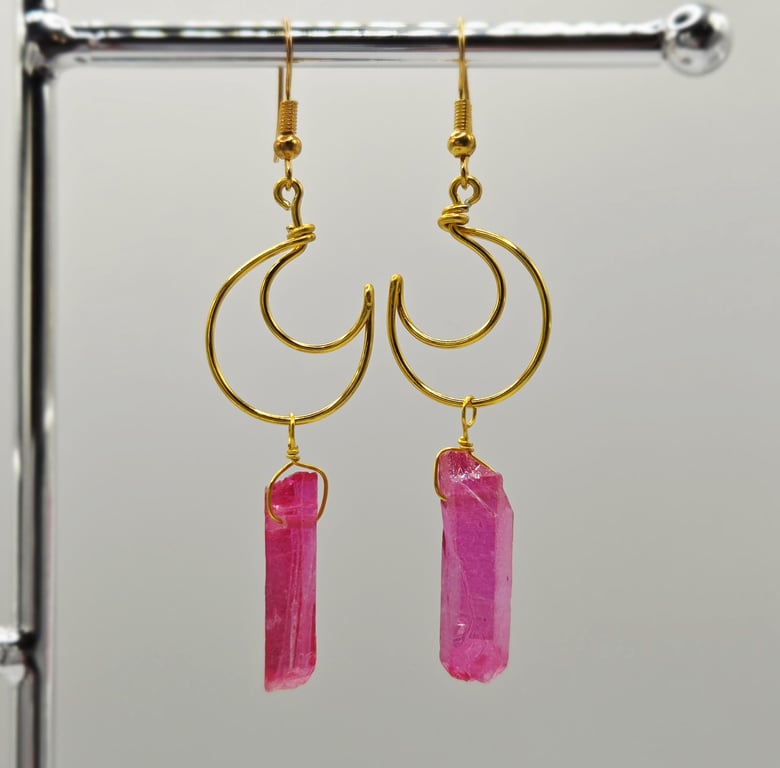 Pink Aura Quartz Crescent Moon Earrings, Gold Dangle Earrings, Celestial