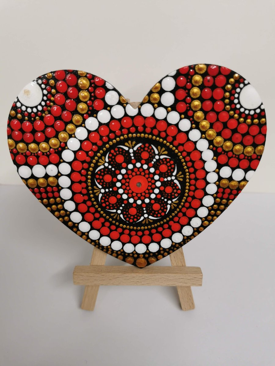 Hand painted red and gold heart mandala 