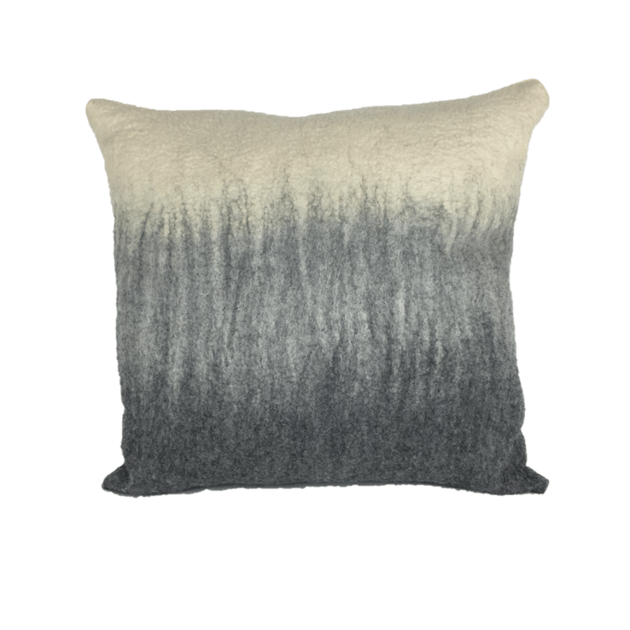 Grey and white merino wool hand felted cushion, includes pad (15")