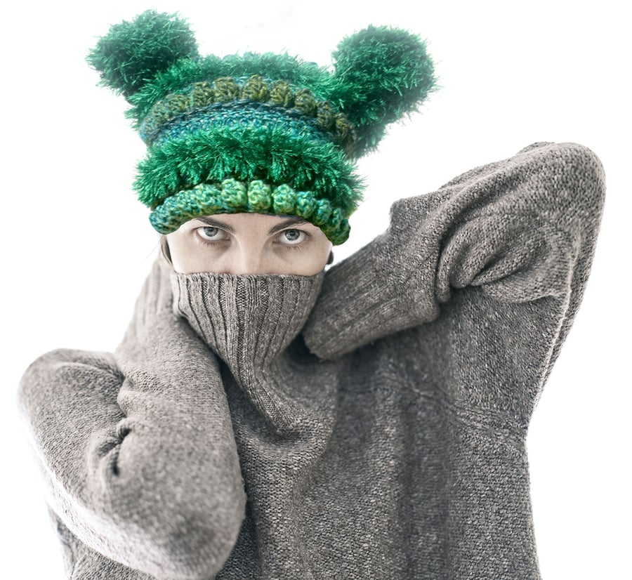 Double Pom Pom Bear Ears Crochet Hat Emerald Green Fluffy  Festival