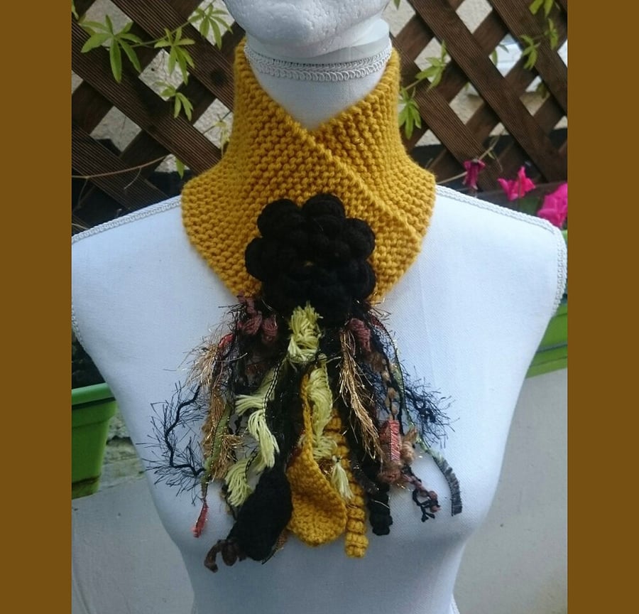 Chunky Crochet Necklace Yellow Hand Knit Neckwrap with Black Flowers