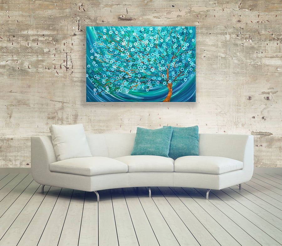 Winter Morning Tree - Teal & Turquoise Abstract Tree Painting