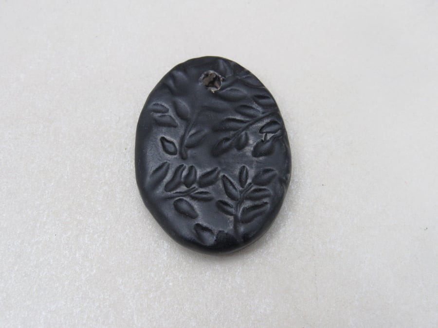 Large Coal Black Leaf Sprig Ceramic Pendant