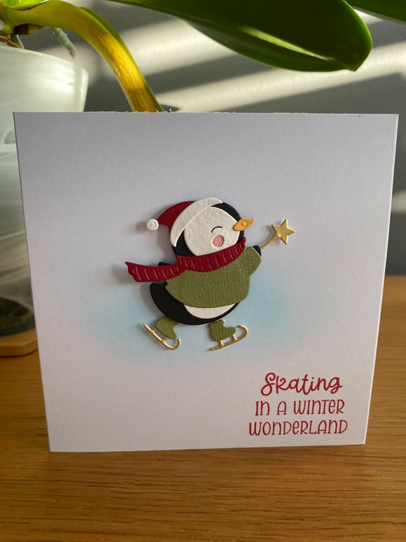 Handmade Skating Penguin Christmas Card – 5"x5"