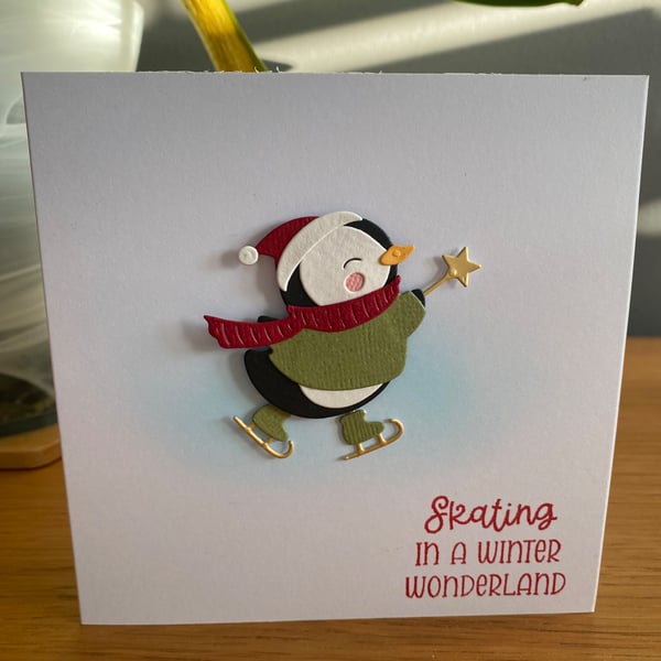 Handmade Skating Penguin Christmas Card – 5"x5"
