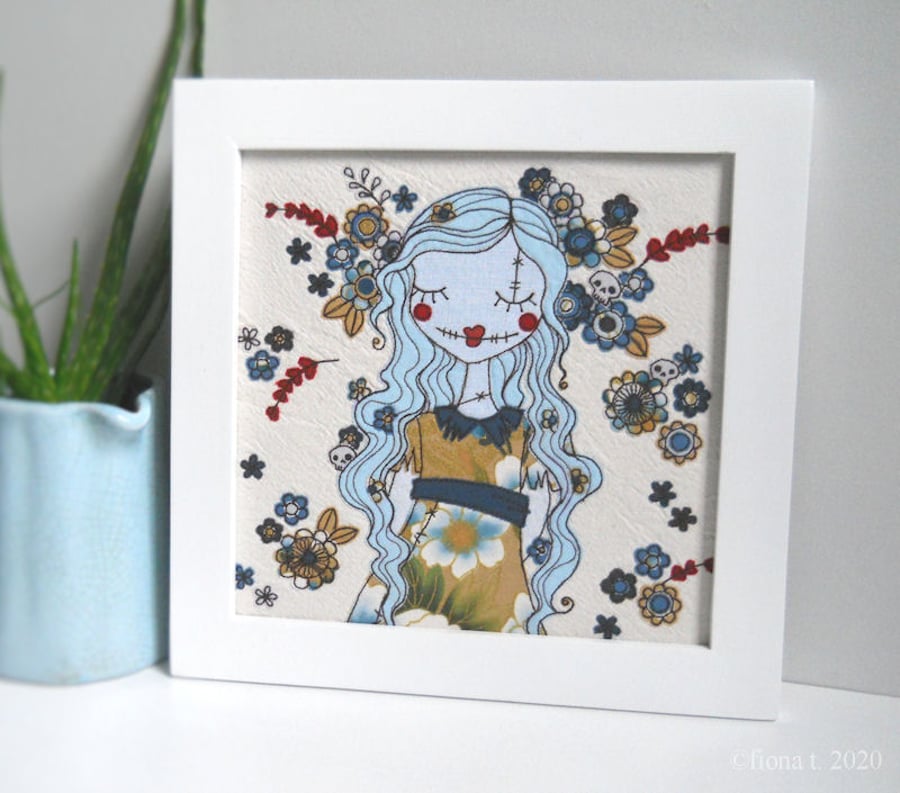 framed applique & freehand embroidery floral zombie original textile art