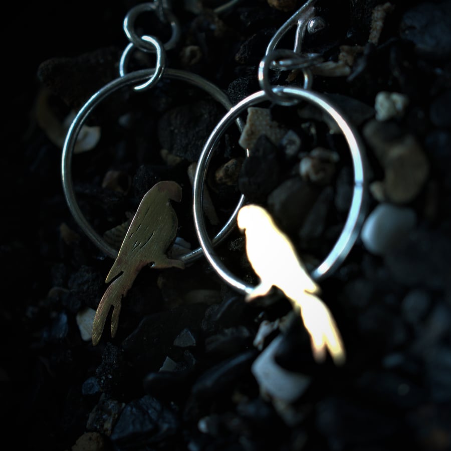 Eco Silver & Reclaimed Brass Parrot Hoops