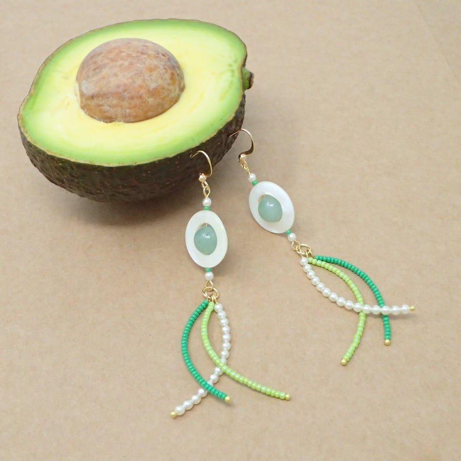 Green Beaded Long Dangle Earrings with Gemstones Shell and Faux Pearls