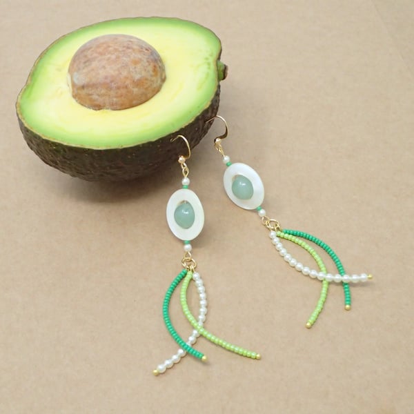 Green Beaded Long Dangle Earrings with Gemstones Shell and Faux Pearls
