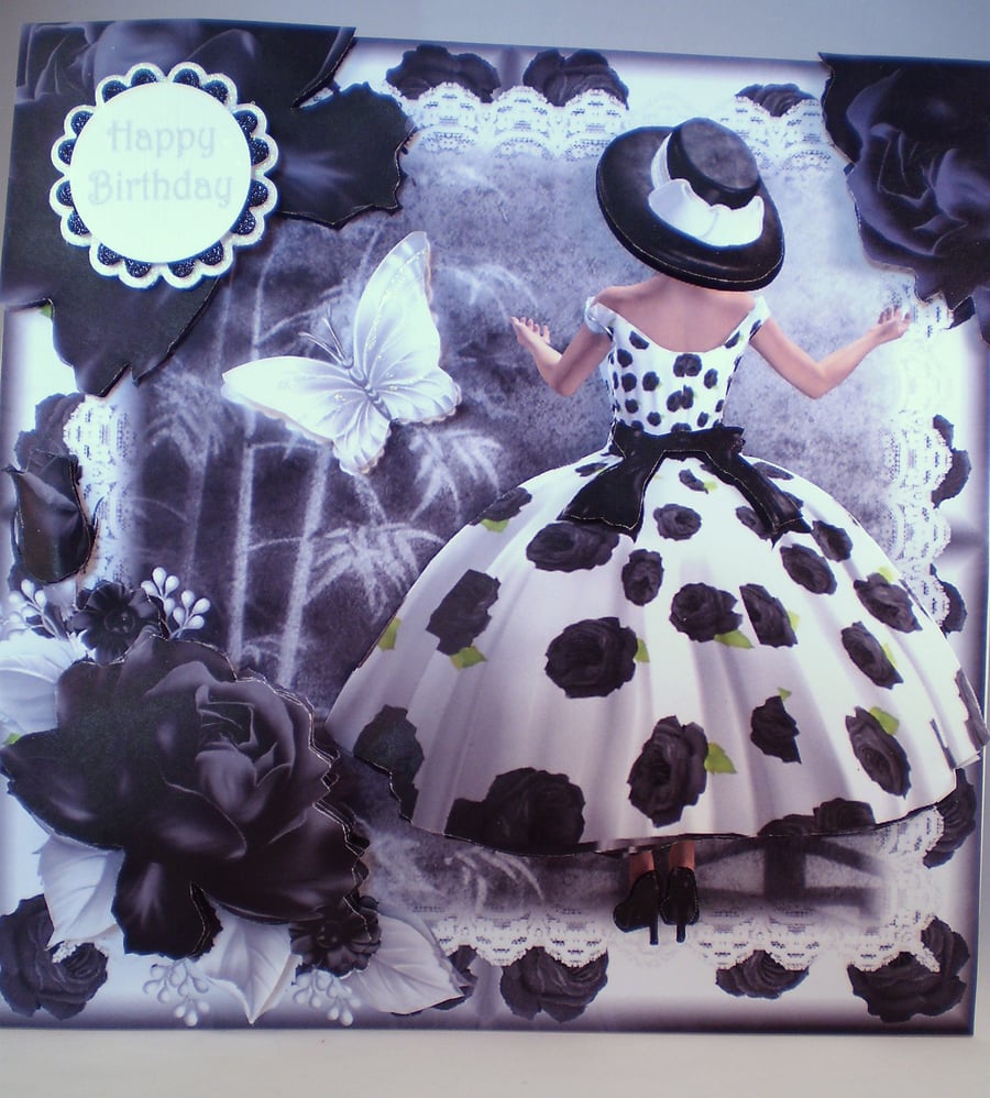 Decoupage,3D,large birthday card,elegant lady,black and white