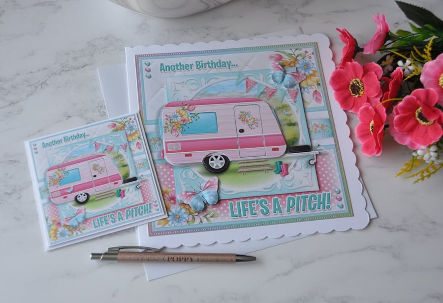 Happy Birthday Pink Caravan Flowers Life's A Pitch 3D Luxury Handmade Cards