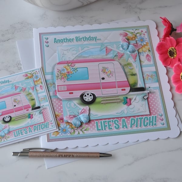 Happy Birthday Pink Caravan Flowers Life's A Pitch 3D Luxury Handmade Cards