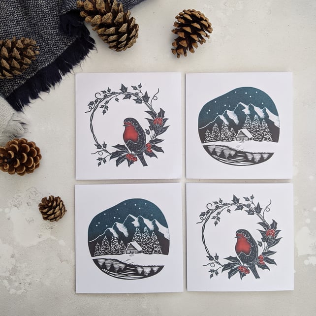 Robin and Woodland Cabin cards, pack of 4