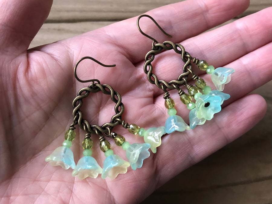 Blue Green Glass Flower Beaded Earrings. Dangly Bohoemian Beaded Floral Earrings