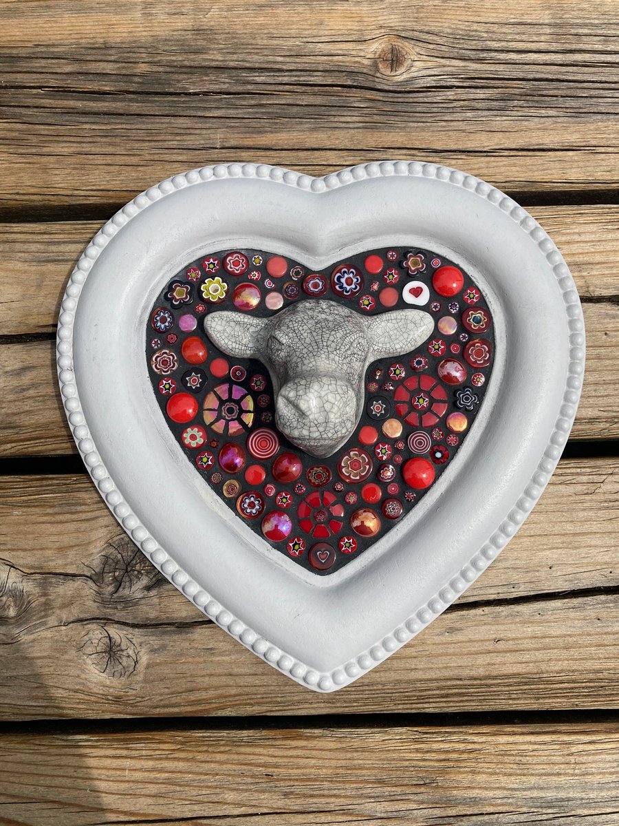 Mosaic Heart shaped wall hanging with ceramic cow.