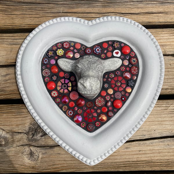 Mosaic Heart shaped wall hanging with ceramic cow.