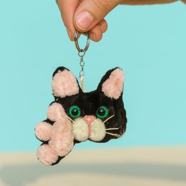 Kawaii Cat Charm Keyring – Pipe Cleaner Cat with Pink Bow, IGift for Cat Lovers