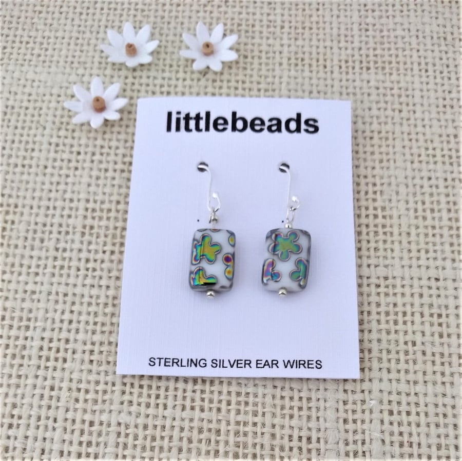 White Peacock Effect Glass Beaded Sterling Silver Earrings