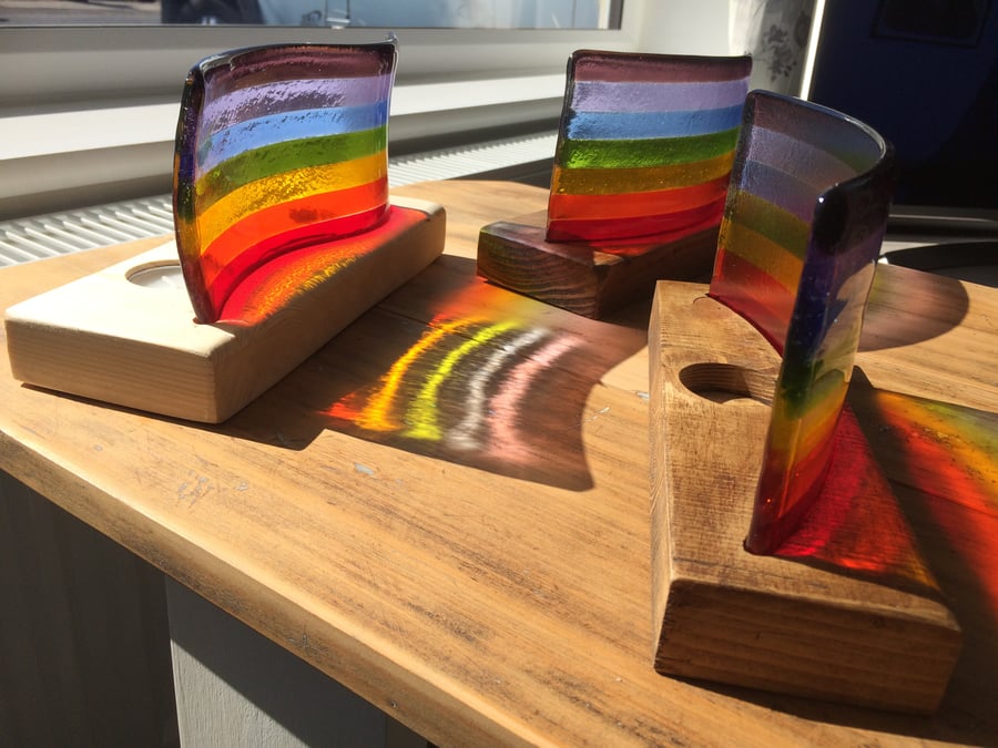 Fused glass rainbow curve or wave in handmade wooden stand