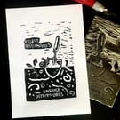 Reject billionaires, embrace detritivores (A5 linocut print, black and white)
