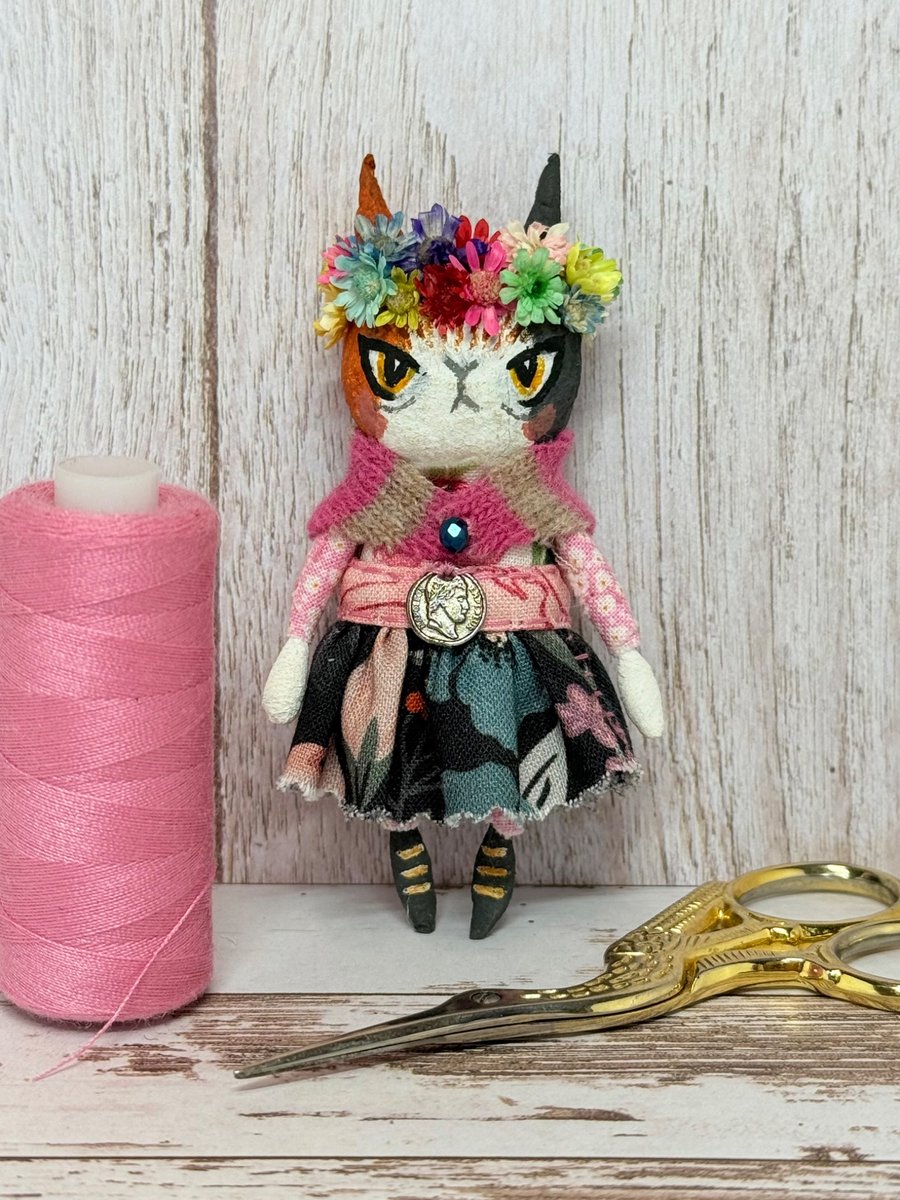 Frida Kahlo inspired Miniature Calico Cat Art Doll