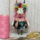 Frida Kahlo inspired Miniature Calico Cat Art Doll