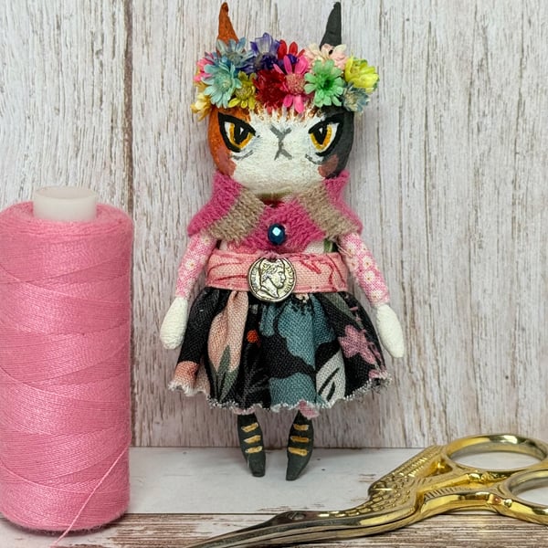 Frida Kahlo inspired Miniature Calico Cat Art Doll