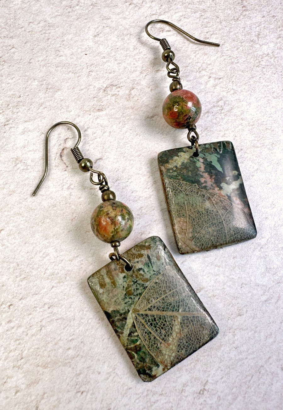 Skeletal Leaf Dangle Earrings with Unakite Stones