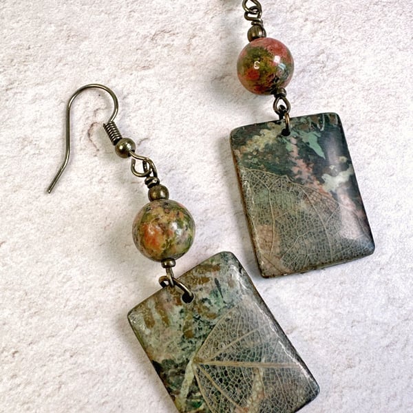 Skeletal Leaf Dangle Earrings with Unakite Stones
