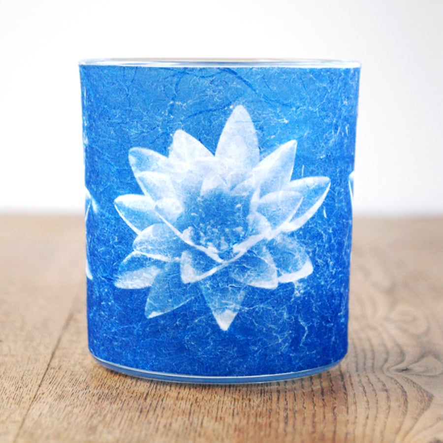 Blue Water lily cyanotype candle holder 