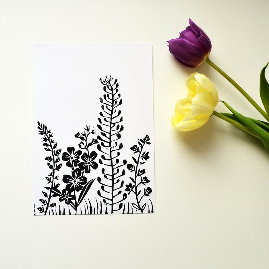 Black floral lino print 