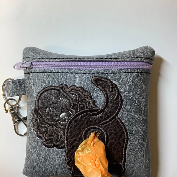 Attractive  Spaniel Embroidered Grey faux leather dog poo bag ,dog walking,