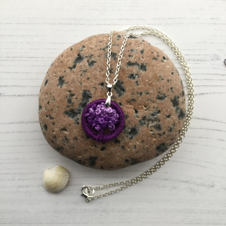 Embroidered Dorset Button Pendant in Purple 