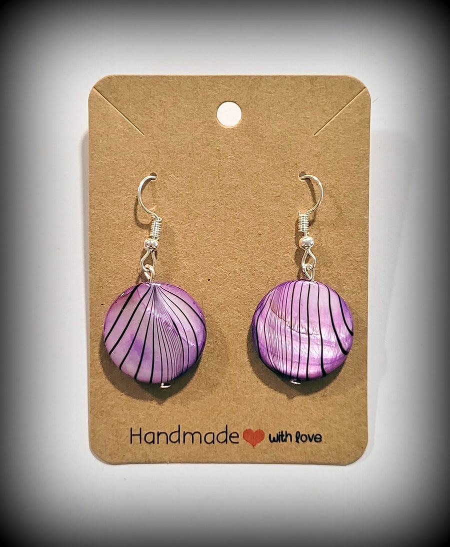 Purple & Black Glass Circle Charm Dangle Earrings on Silver Plated Earring Hooks