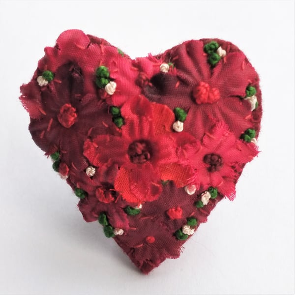 Embroidered Red floral heart brooch