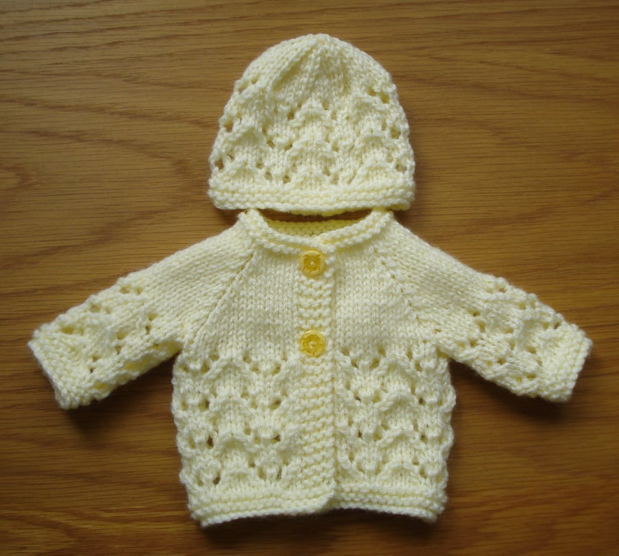 Hand Knitted Doll Cardigan And Hat Set In Yellow Soft Acrylic Yarn (A80)