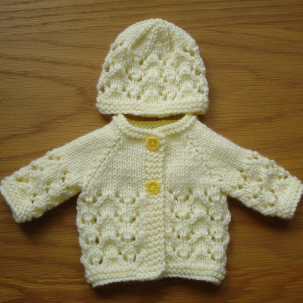 Hand Knitted Doll Cardigan And Hat Set In Yellow Soft Acrylic Yarn (A80)