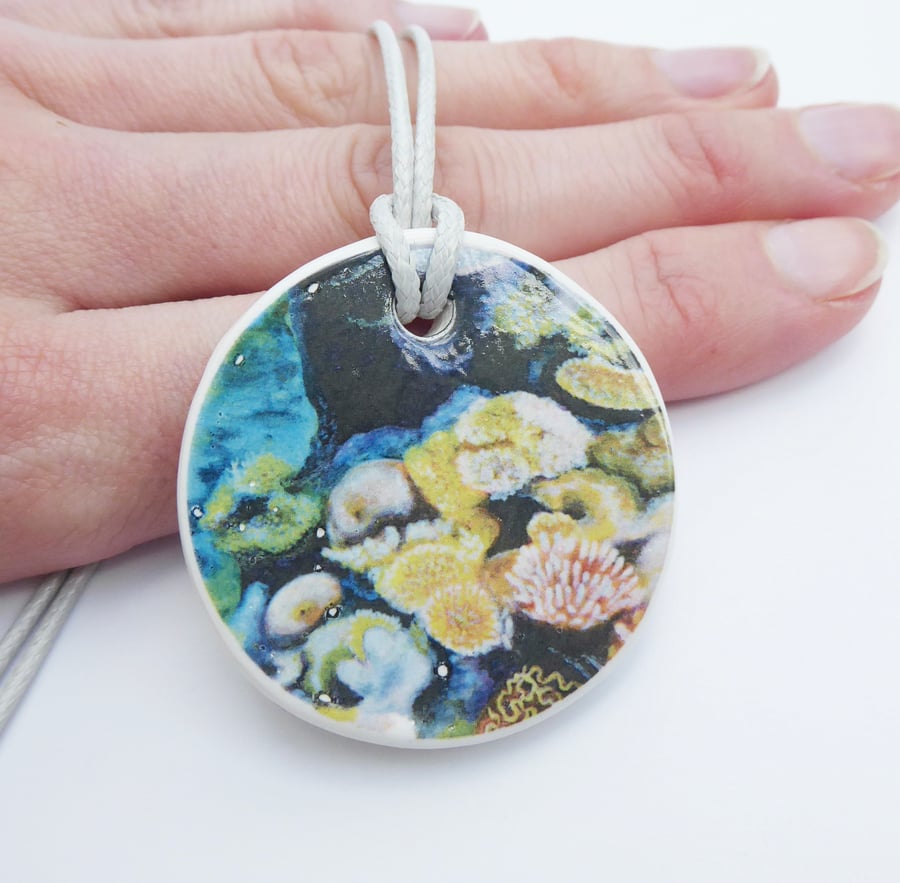 Handmade Coral Reef Art Ceramic Pendant on Light Grey Cord Necklace