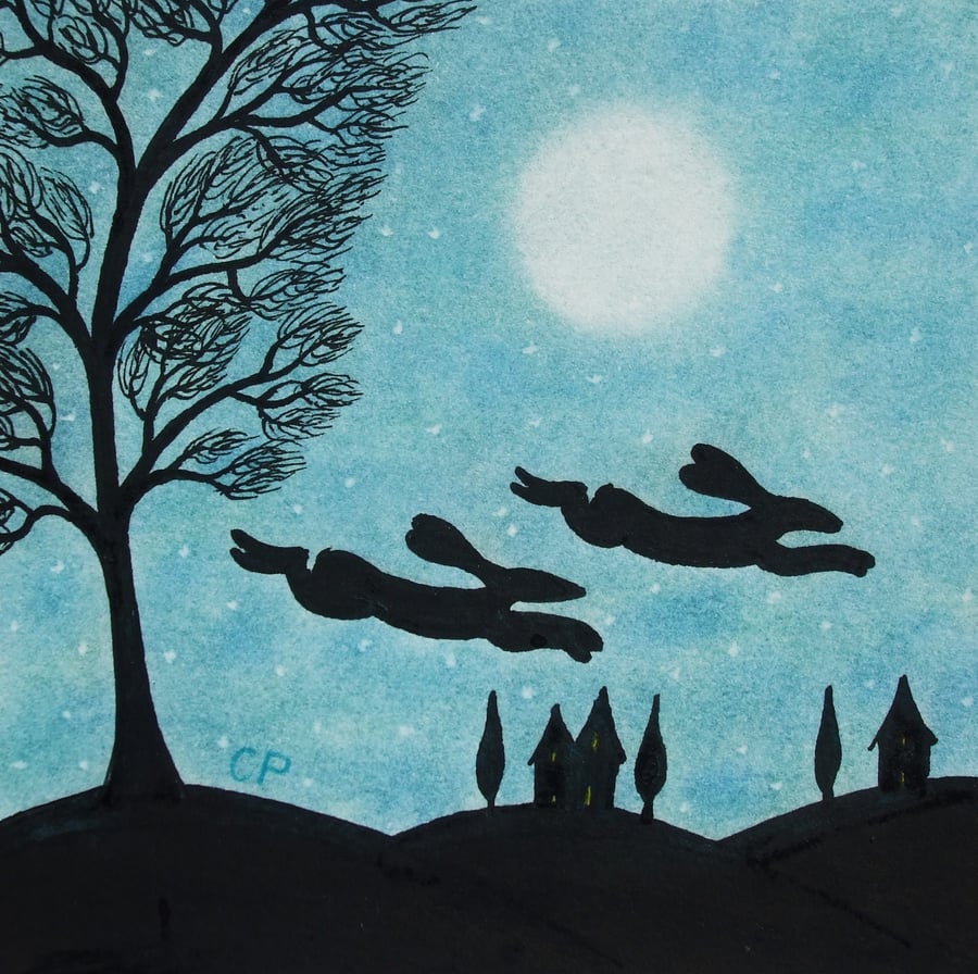 Hare Card, Moon Silhouettes Card, Bunny Rabbit, Easter Card, Hares Birthday Card