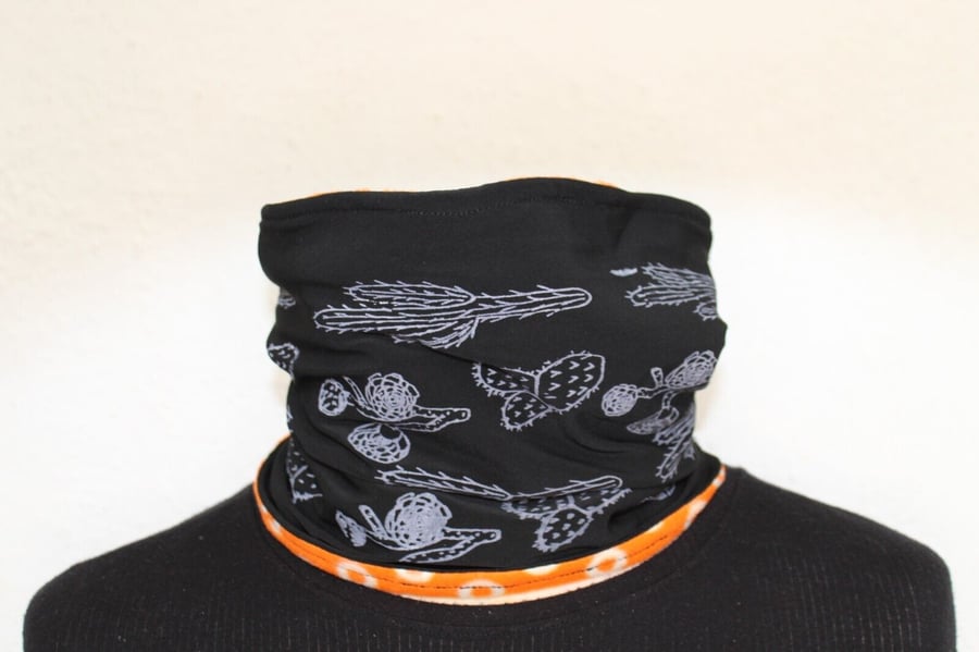 Black and white Eco snood scarf handmade fleece lined,hand printed cactus print
