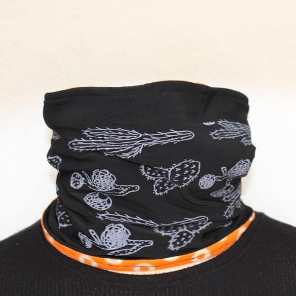 Black and white Eco snood scarf handmade fleece lined,hand printed cactus print