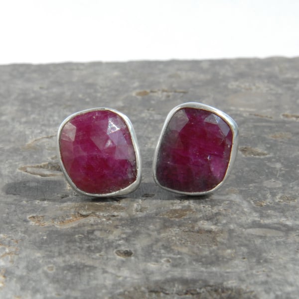 Sterling silver and ruby stud earrings