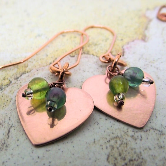Copper heart earrings gemstone agate jade handmade