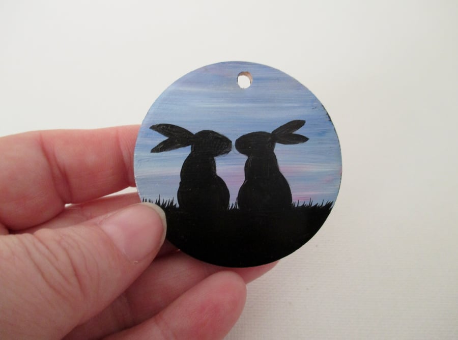 Hand Painted Wooden Bunny Rabbit Silhouette Wood Wooden Pendant Disc