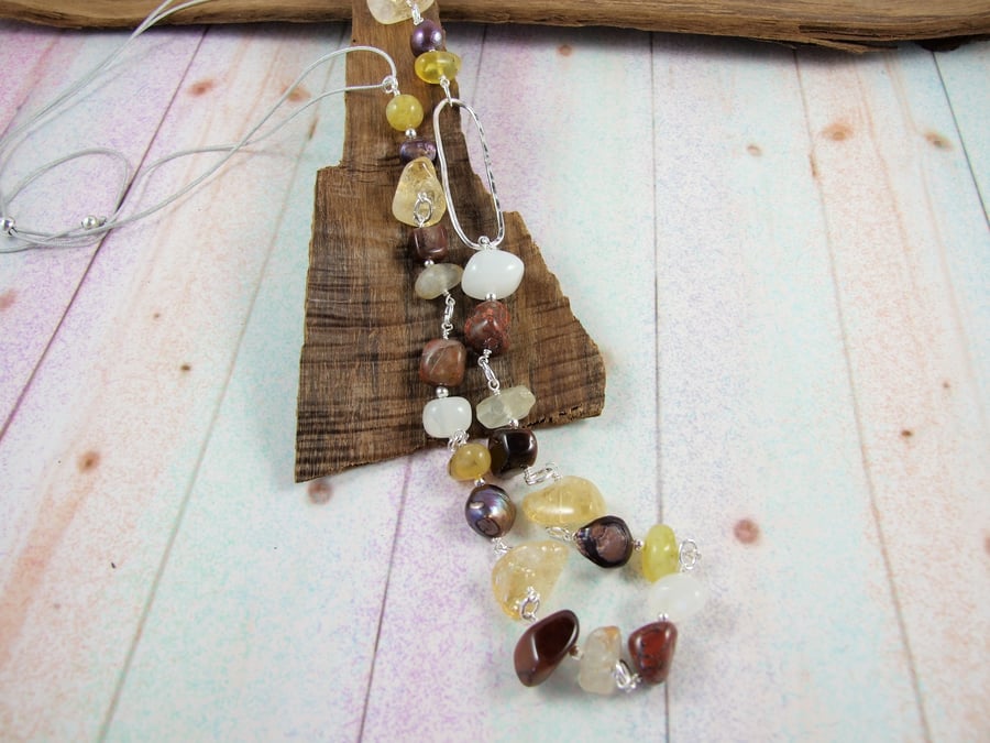 Long Sterling Silver and Gemstone Necklace, Topaz, Citrine, Opal and Japser