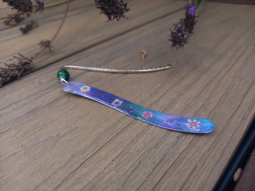 Iridescent lavendar Squiggle Bookmark with White Flowers