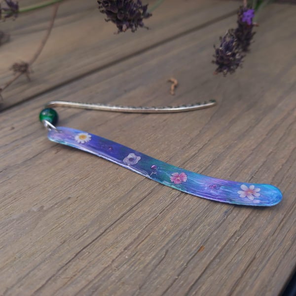 Iridescent lavendar Squiggle Bookmark with White Flowers