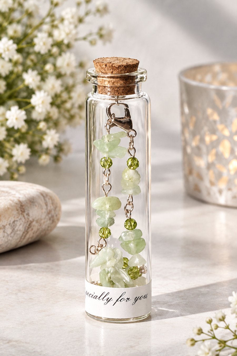 Bowenite Gemstone Bracelet in a Message Bottle