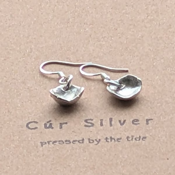 Fine Silver Wonky Organic Cup Dangle Earrings, Concave Disc Drop Earrings